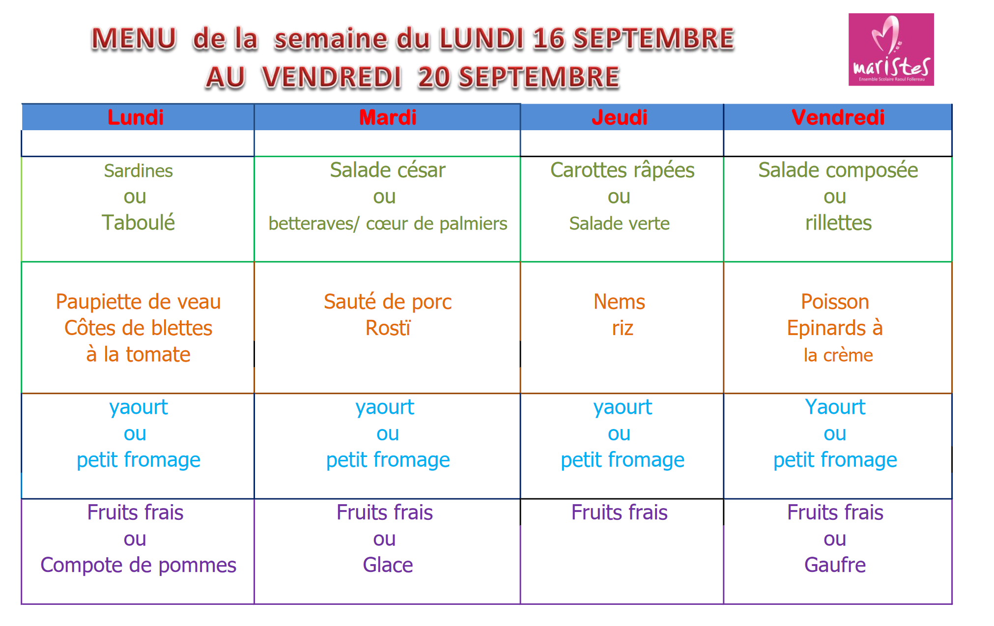 Visuel : Menu du 16 au 20 septembre