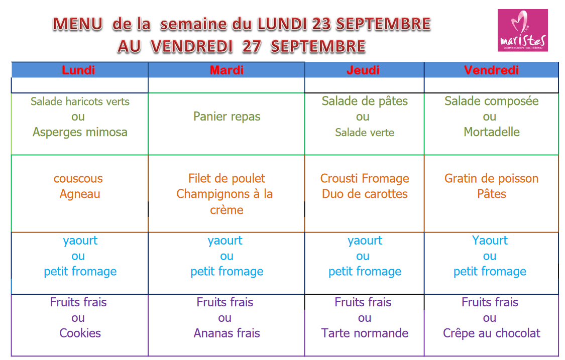 Visuel : Menu du 23 septembre au 27 septembre