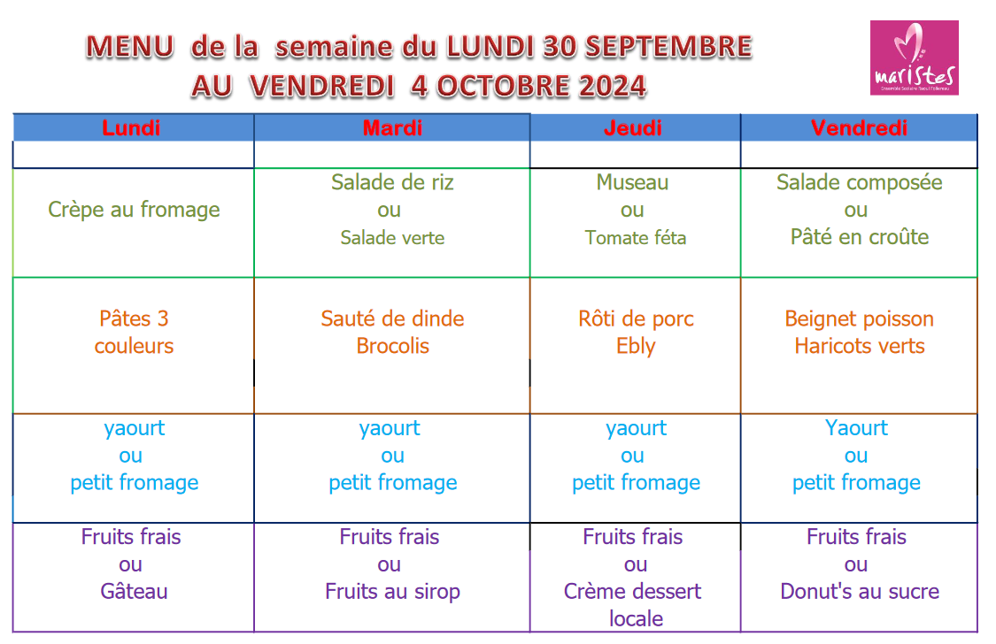 Visuel : Menu du 30 septembre au 4 octobre