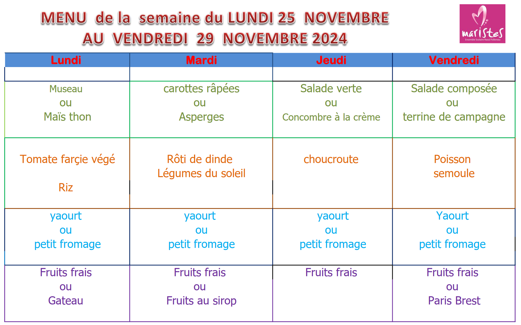 Visuel : Menu du 25 au 29 novembre